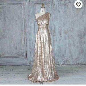 One shoulder rose gold gown